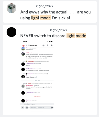 Someone questions 'why the actual curse would you use discord light mode' and another warns others to never use it
